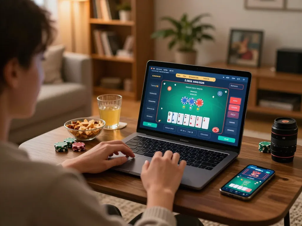Player engaging with lc88 blackjack on laptop, cozy home setup showcasing relaxed online gaming.