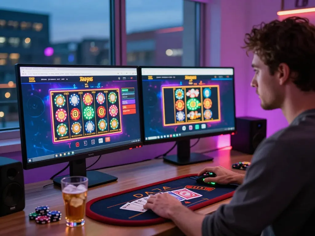Player engaging with nk88 online casino games on dual monitors, vibrant gaming setup with chips and cards.