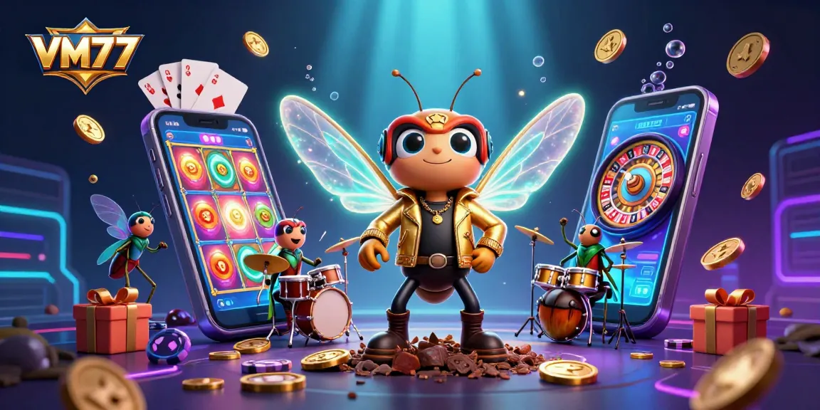 Experience VM777's dynamic gaming world with colorful slot games and buzzing energy.