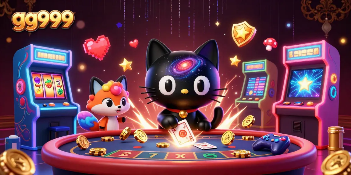 Menggandakan keseruan dengan gg999, kucing hitam galaksi menarik chip emas dan simbol jackpot di meja casino.