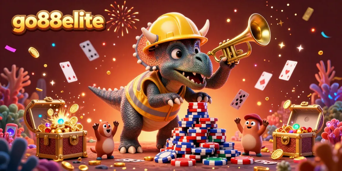 Celebrate with go88elite as triceratops builds poker chips amidst a vibrant casino-themed scene.