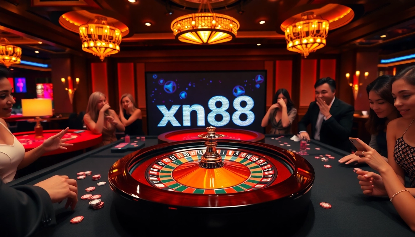 Engaging gamers with nạp tiền xn88 at a vibrant casino table, featuring roulette and chips.
