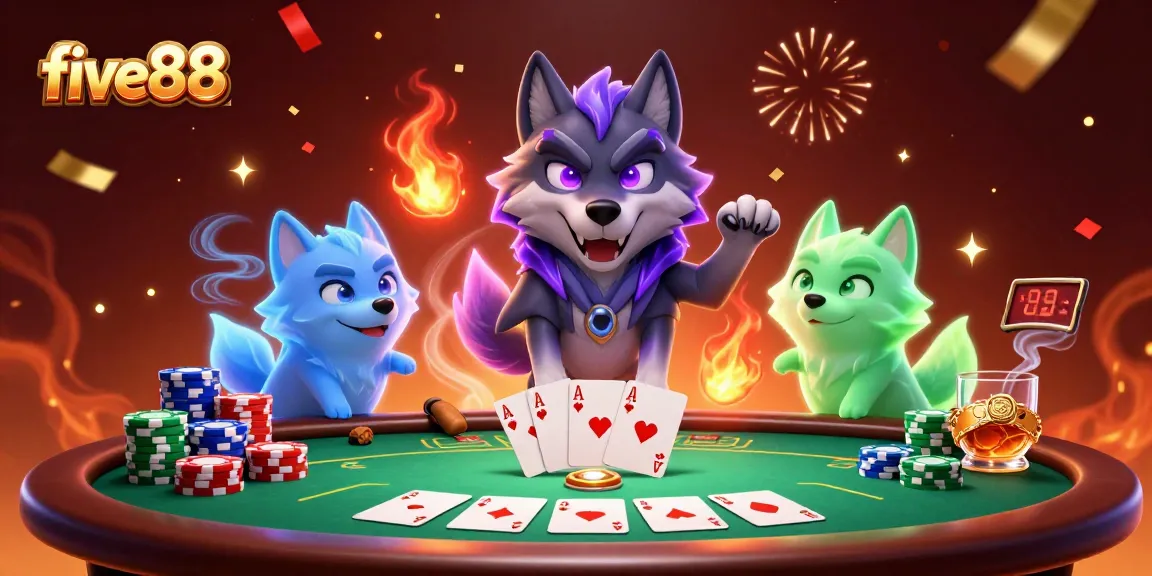 Experience the thrill with five88 in this vibrant 3D poker scene featuring a spectral wolf pack.