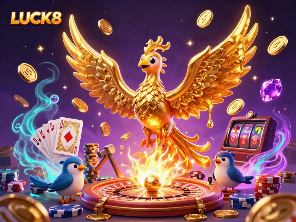 Experience LUCK8's gaming excitement through a vibrant 3D casino illustration, featuring a molten metal phoenix and dynamic casino elements.