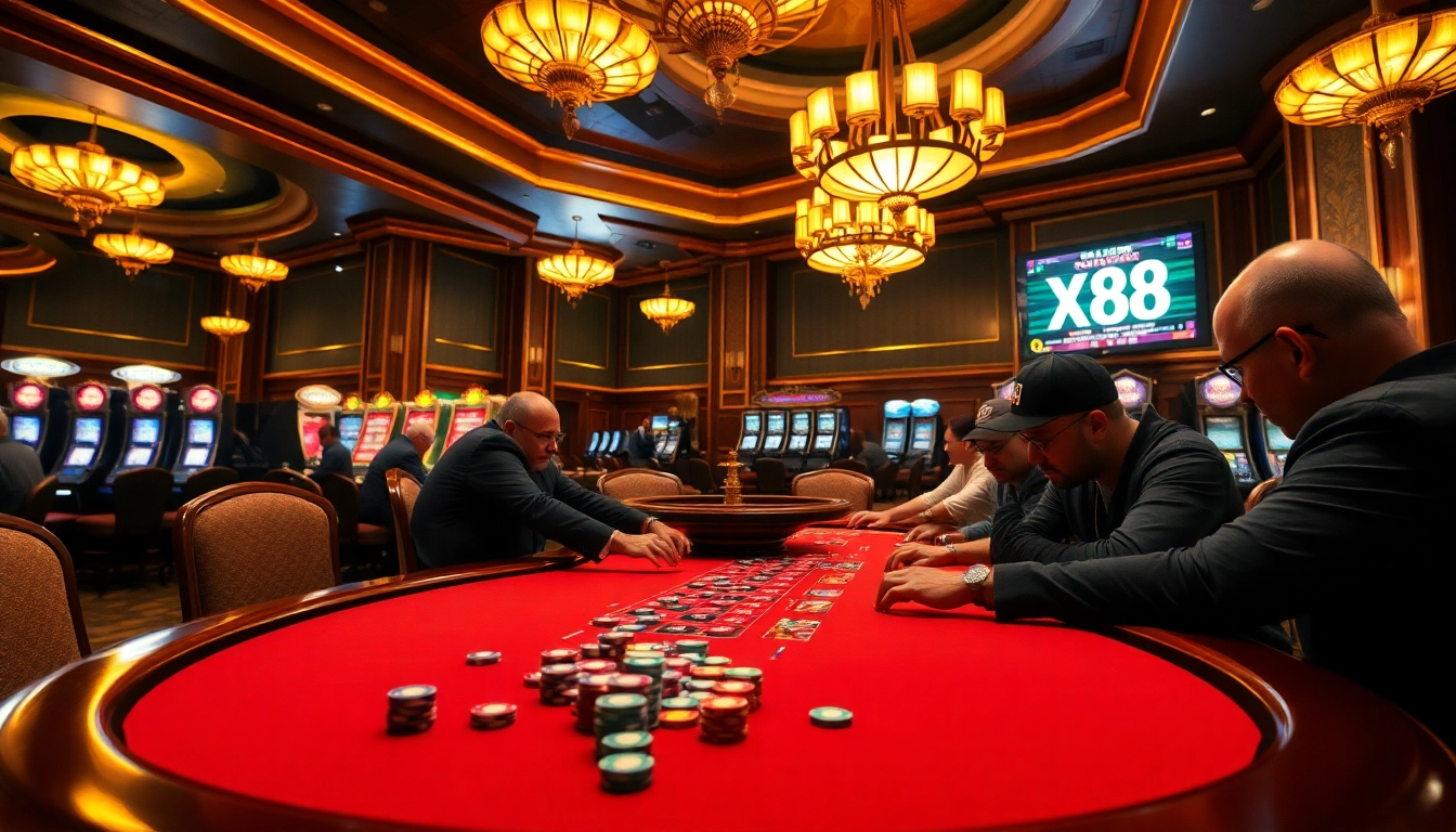 Players engage in high-stakes poker at an upscale casino table, highlighting the excitement of XX88.