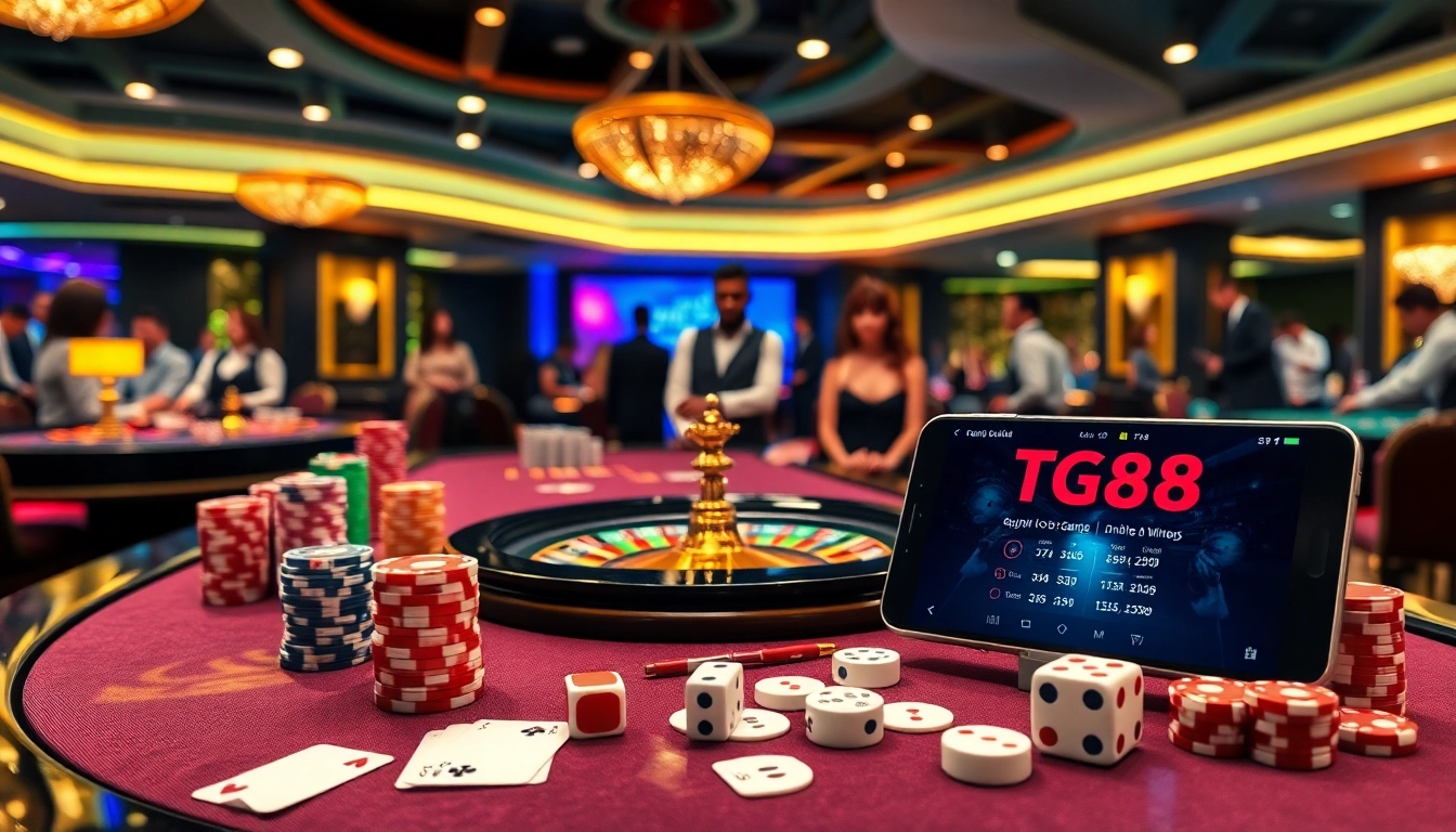 Experience high-stakes gaming at TG88 casino with poker chips, roulette wheel, and engaged players.