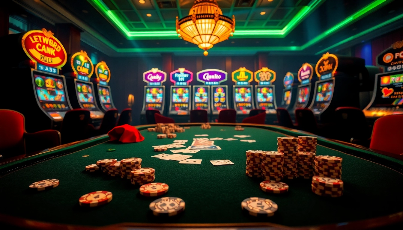 Rasakan aksi kasino yang mendebarkan dengan chip poker bertema emastoto dan kartu di meja yang elegan.