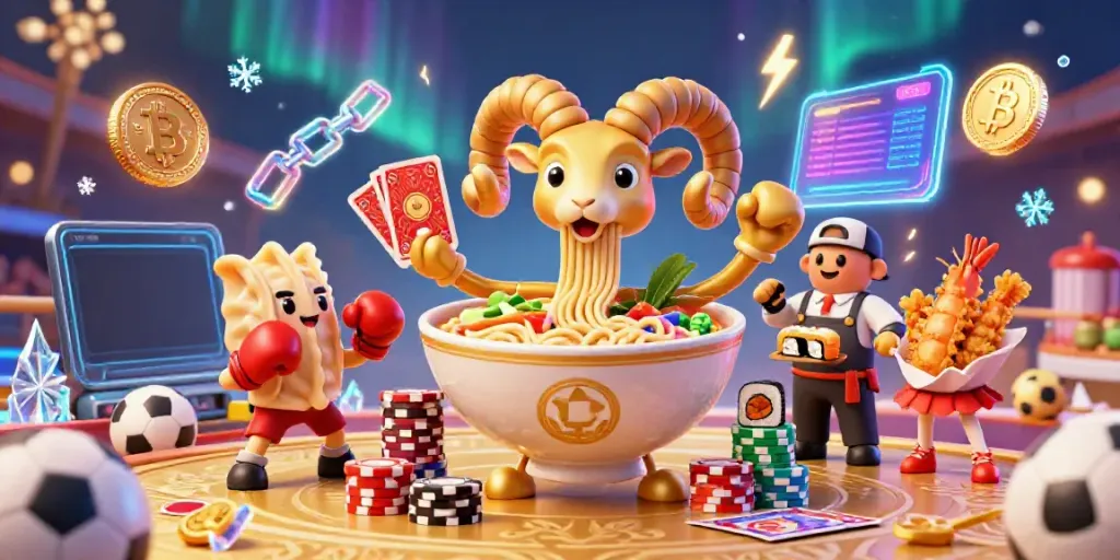 Bongdalu features a vibrant 3D scene with a giant ramen bowl character surrounded by sports betting elements and cryptocurrency icons.