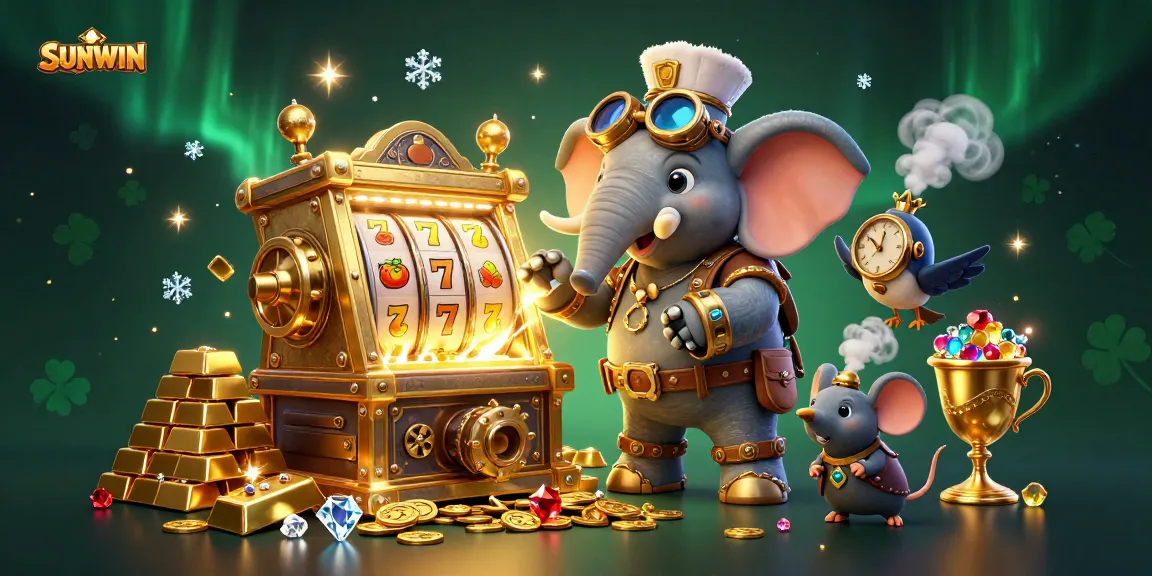 SUNWIN's steampunk elephant engineer operates a golden slot machine in a rich casino scene.
