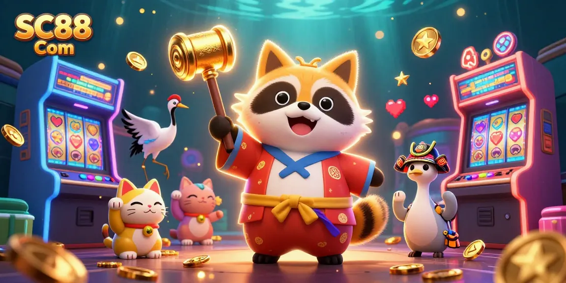 Engage with SC88 Com's vibrant casino scene featuring a cheerful tanuki and lucky symbols.