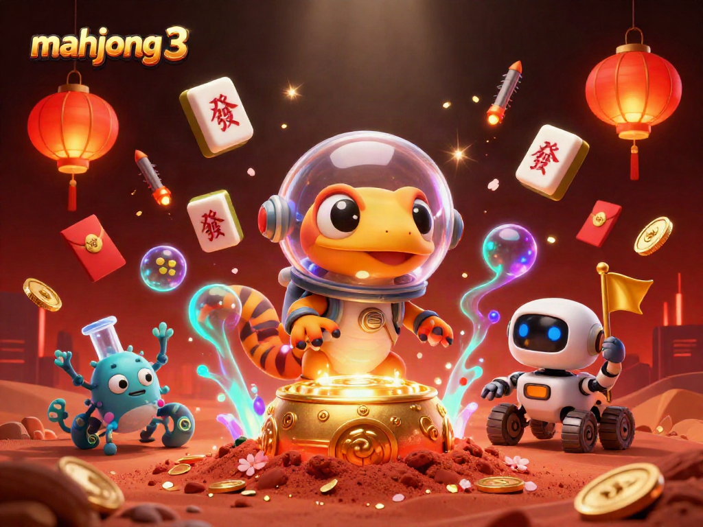Engage in mahjong 3 as a Martian gecko explores a golden casino in a vibrant 3D scene.