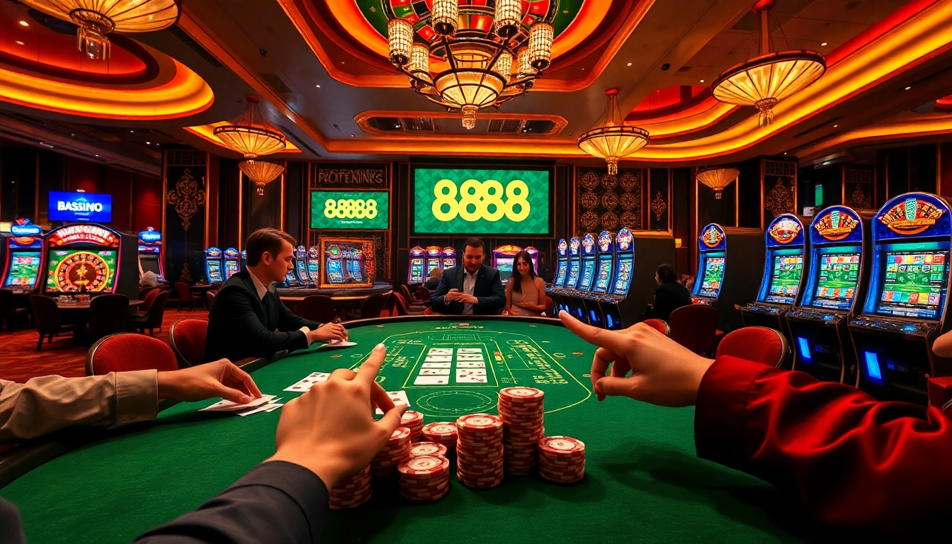 Experience luxury gambling at Trang chủ 888new with vibrant slots, poker tables, and roulette wheels.