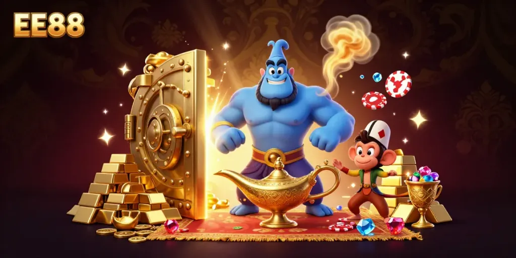"Experience the enchanting world of EE88 with dynamic casino action and vibrant treasure elements."