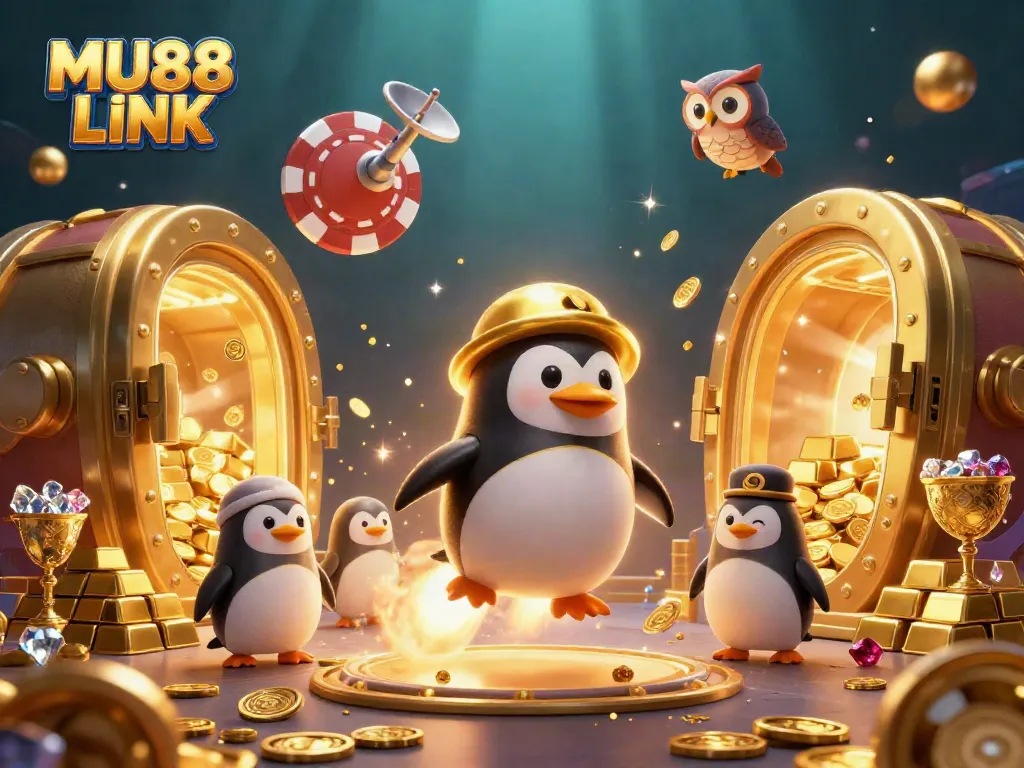 Experience MU88 LINK with our vibrant casino scene featuring a penguin and riches.