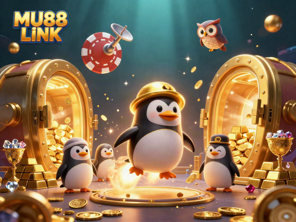 Experience MU88 LINK with our vibrant casino scene featuring a penguin and riches.