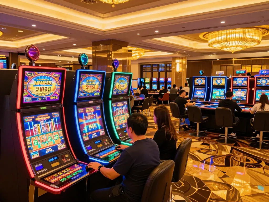 Players engaging with slot machines at a vibrant casino, showcasing the excitement of gambling at https://w188.bid/.