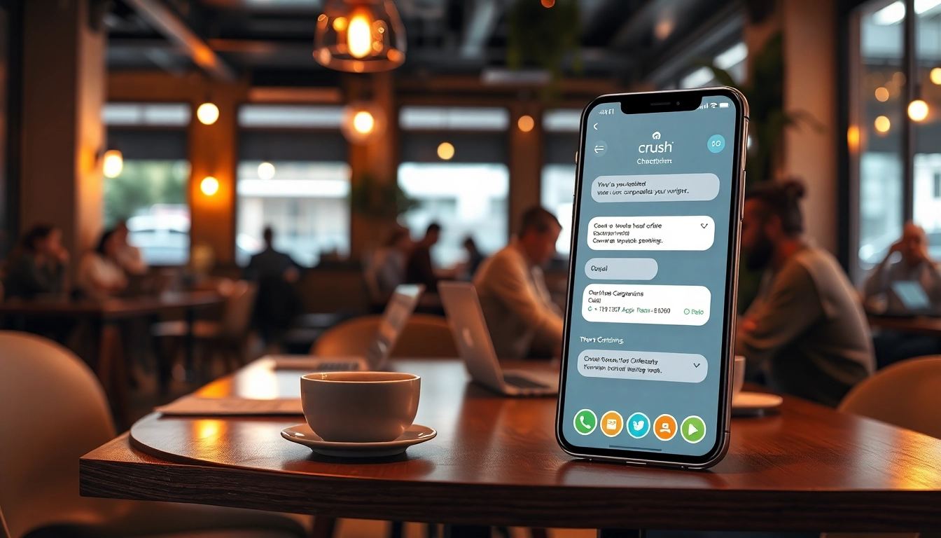Engaging smartphone interface showcasing crush ai in a cozy café, highlighting human-AI interaction.