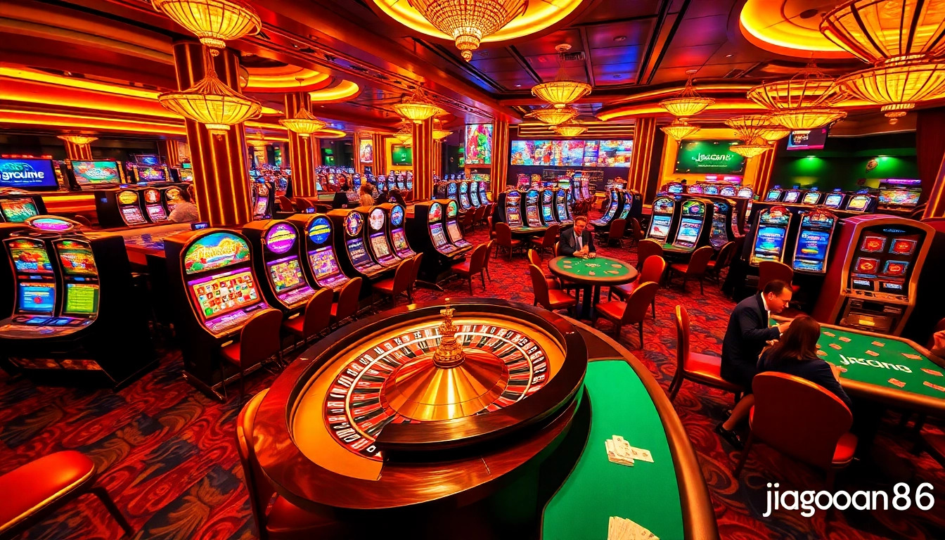 Experience the thrill of jagoan86 at a vibrant casino gaming table with roulette and poker.