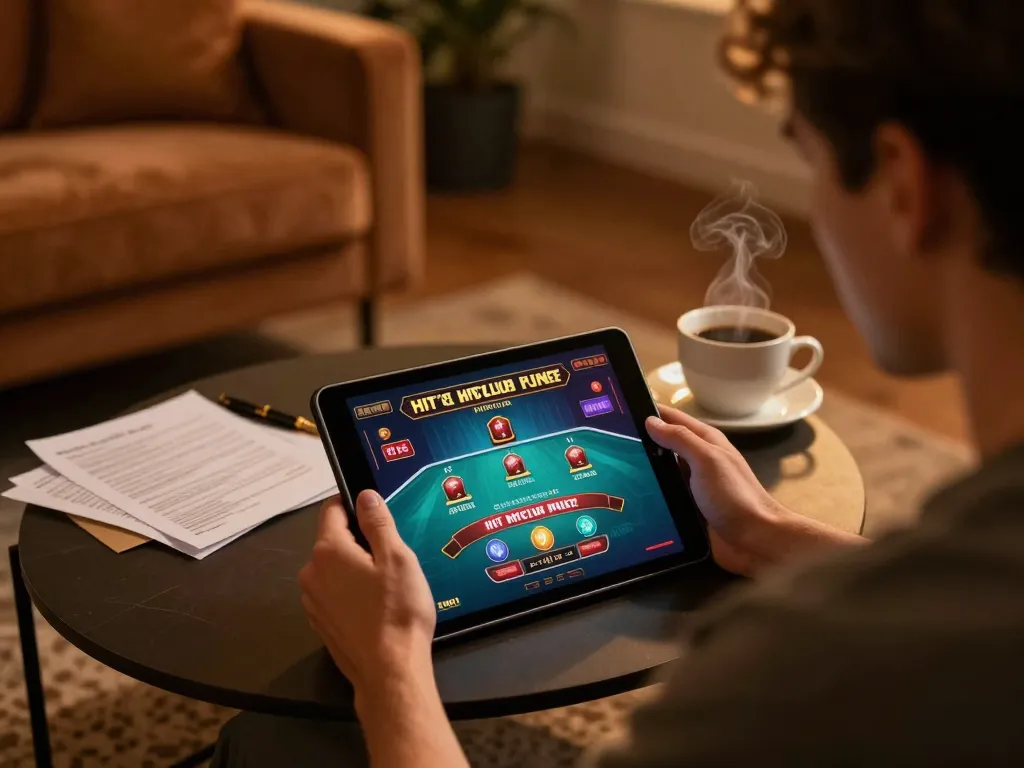 Player engaging in a lively online casino game on Hitclub tablet, showcasing responsible gaming.