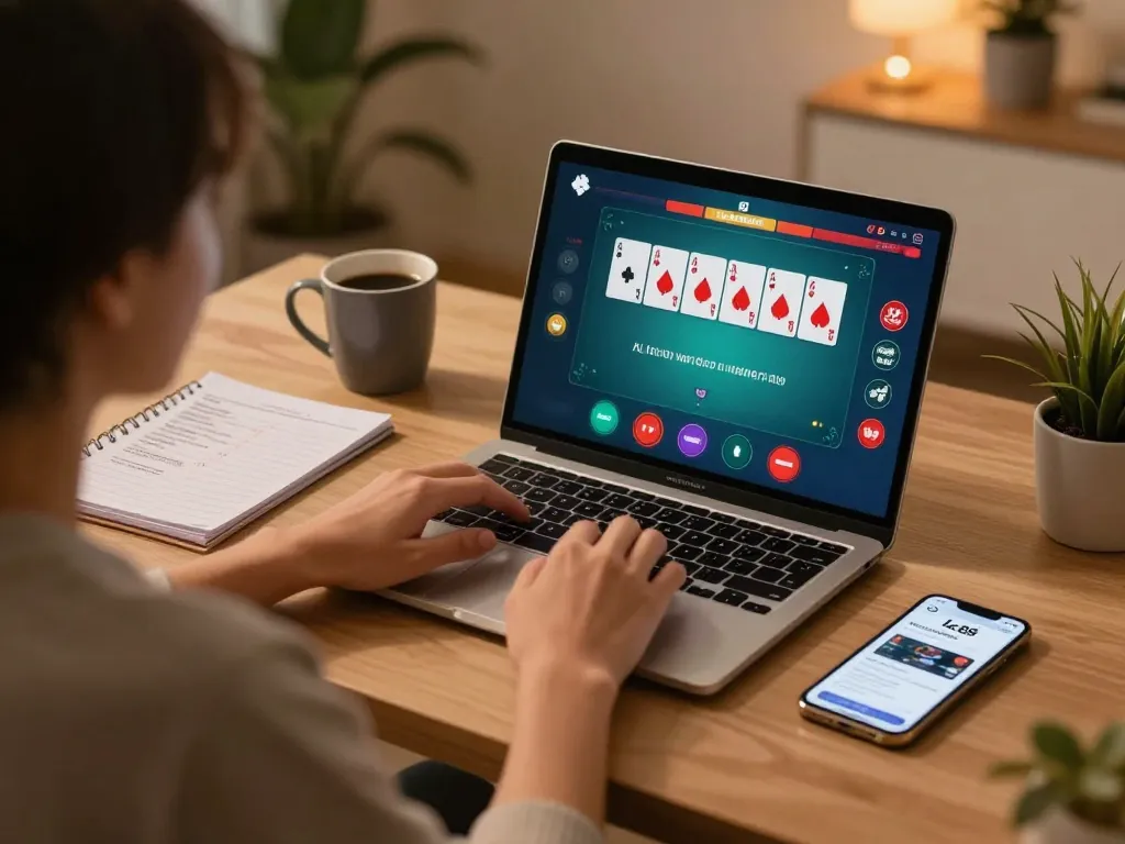 Player engaging with lc88 poker game on laptop, cozy home setup for online gambling.