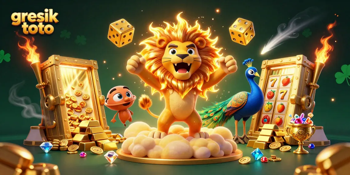 Experience the thrill of gaming with gresik toto, featuring cartoon sun lion, golden dice, and rich slot elements.