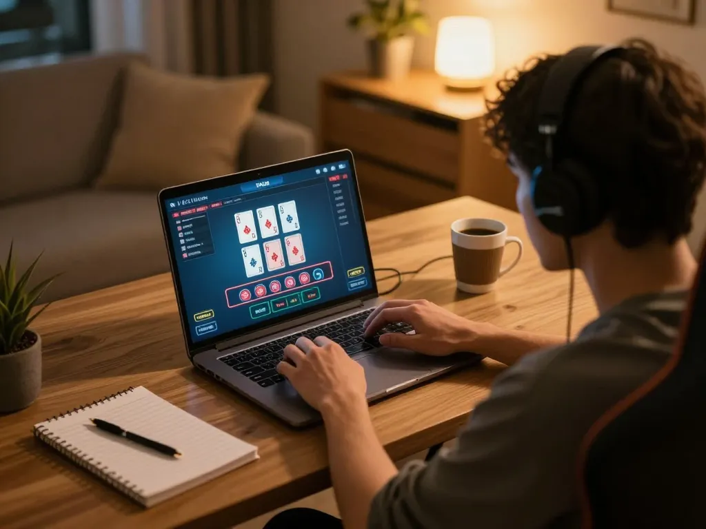 DAGA trang chu features a player expertly managing their blackjack game in a cozy home office setting