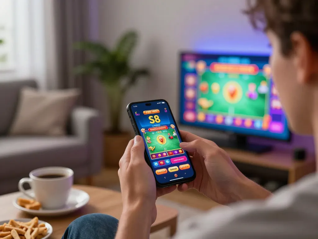 S8 casino app displayed on smartphone during an engaging home gaming session.