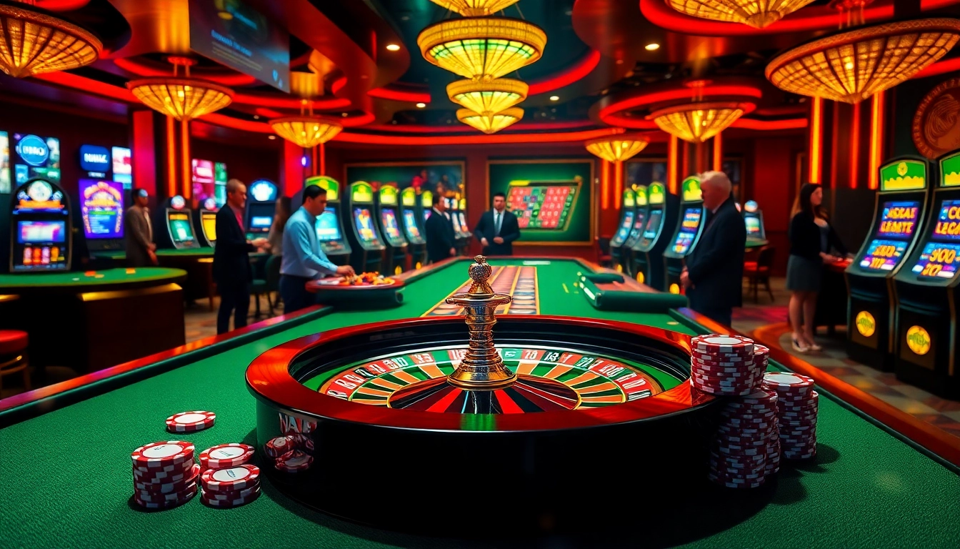 Engaging players at NA777 casino table with vibrant chips and slot machines.