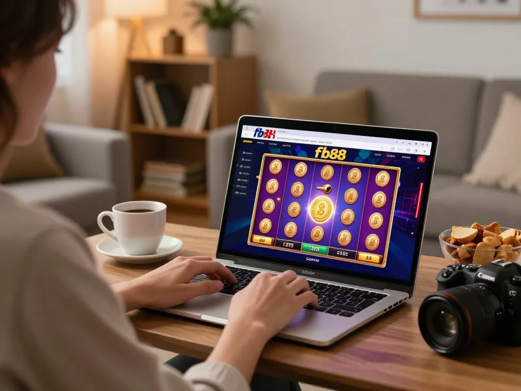Player engaging with fb88 online casino on a laptop, colorful slot game interface, cozy living room ambiance.