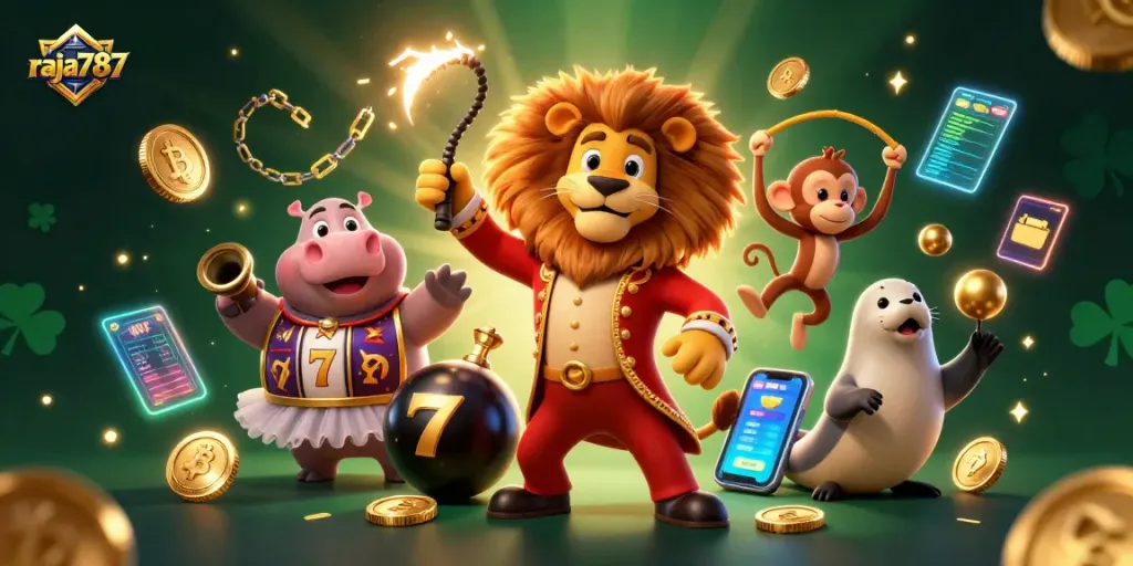 Raja787 menampilkan lion pengatur sirkus di tengah permainan jackpot yang megah.