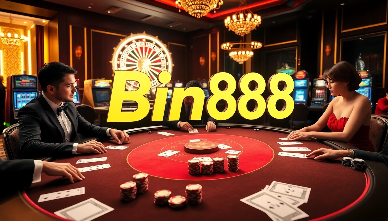 Bin88 casino players enjoying high-stakes poker at a luxurious table with vibrant slots in the background.