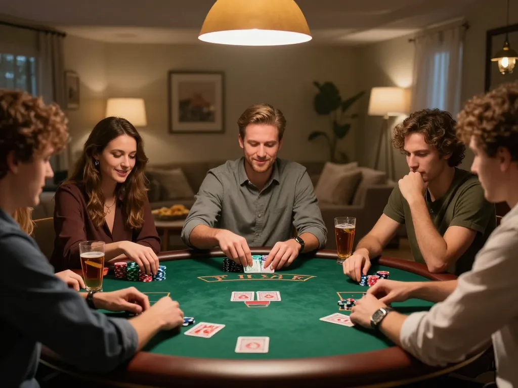 Players enjoy a thrilling game of poker during a home night, showcasing the vibrant social aspect of MMOO COM.