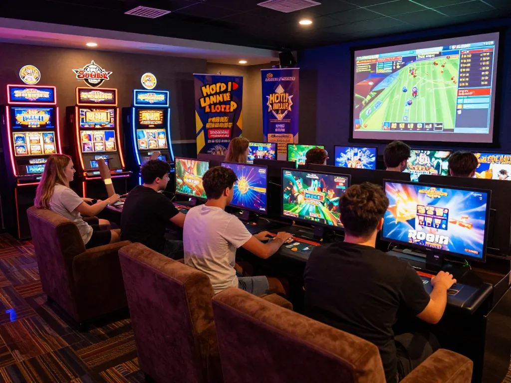 hitclub players enjoying diverse digital games in a vibrant online gaming lounge
