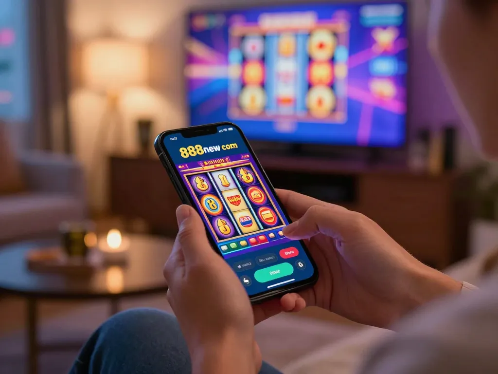 Playing on 888new com mobile app, showcasing spinning slot machine reels and vibrant wins.