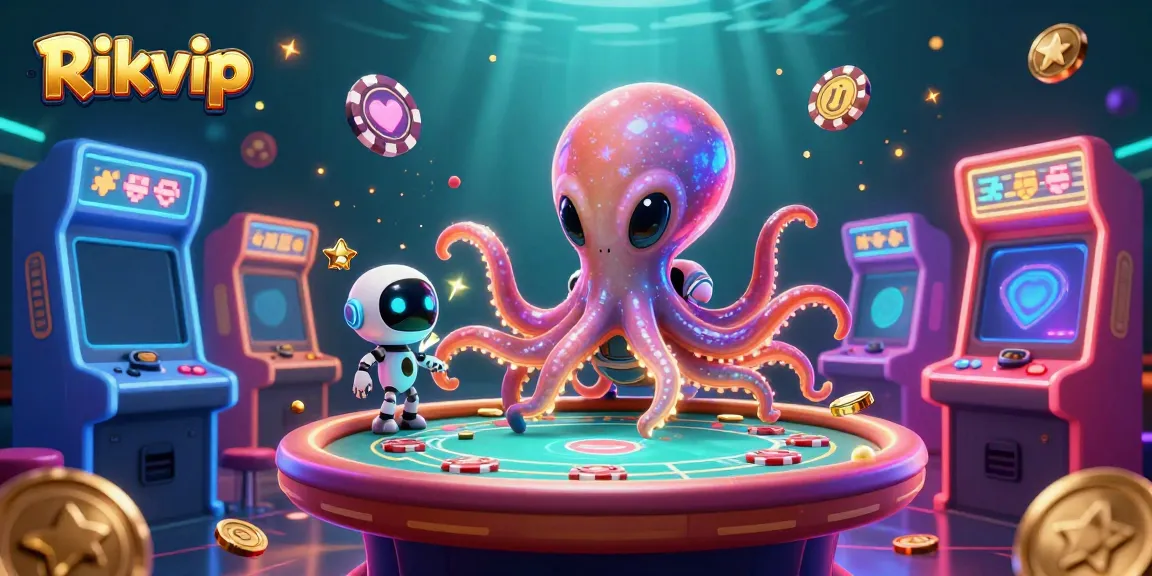 Experience thrilling gameplay at Rikvip with an exciting holographic poker table surrounded by vibrant games.