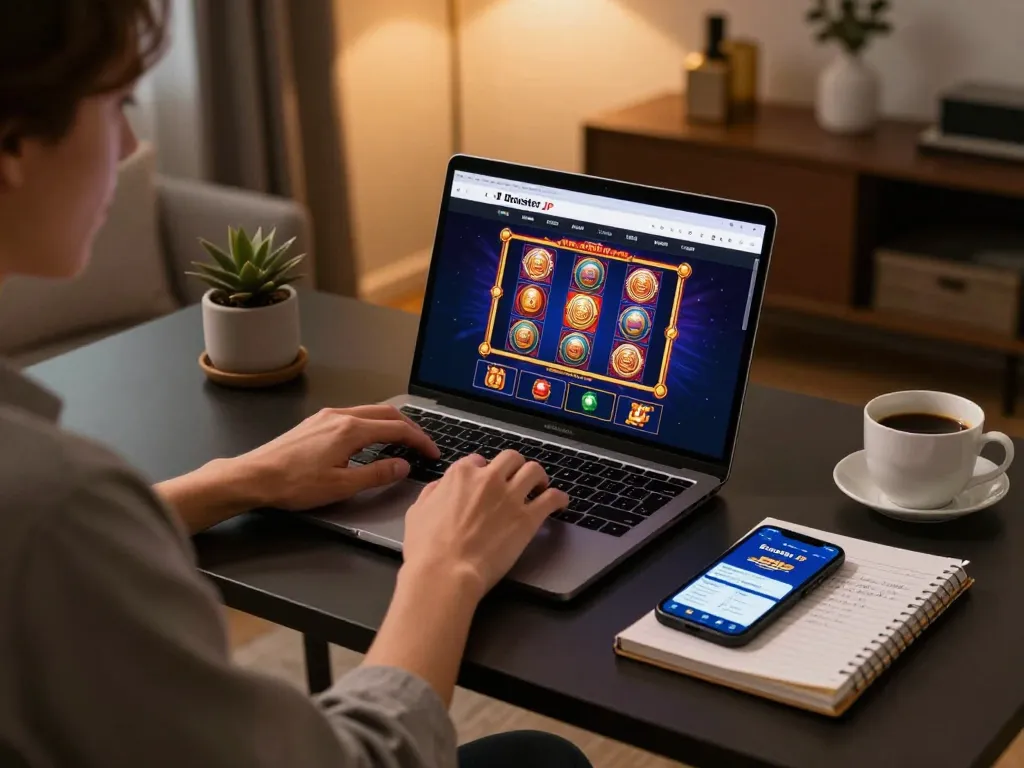 Engaging online gaming session on Booster JP with a person strategizing slots.