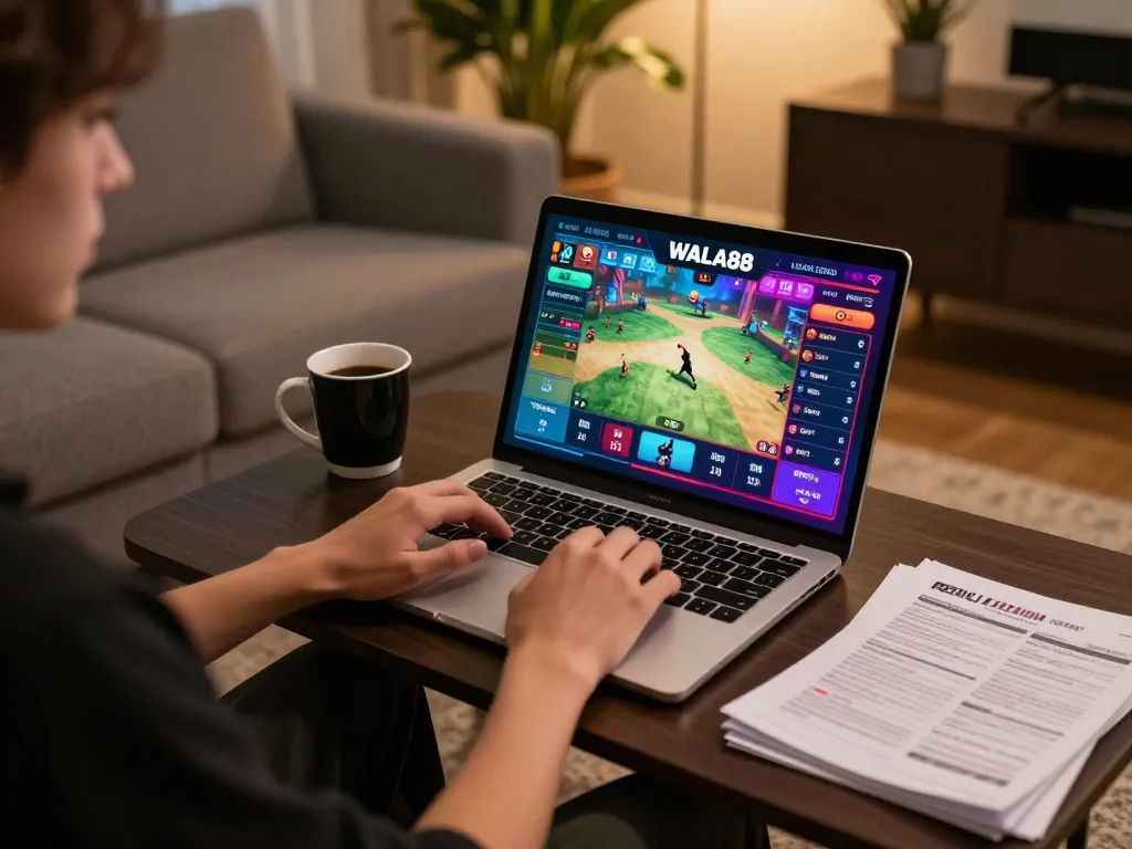 Engage in live cockfighting with WALA88 on a sleek laptop in a cozy home setting