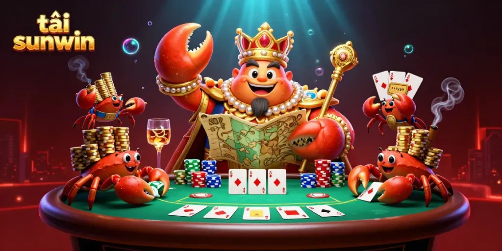 Experience thrilling gameplay as you tải sunwin and enjoy a vibrant 3D portrayal of a golden crab emperor among poker elements.