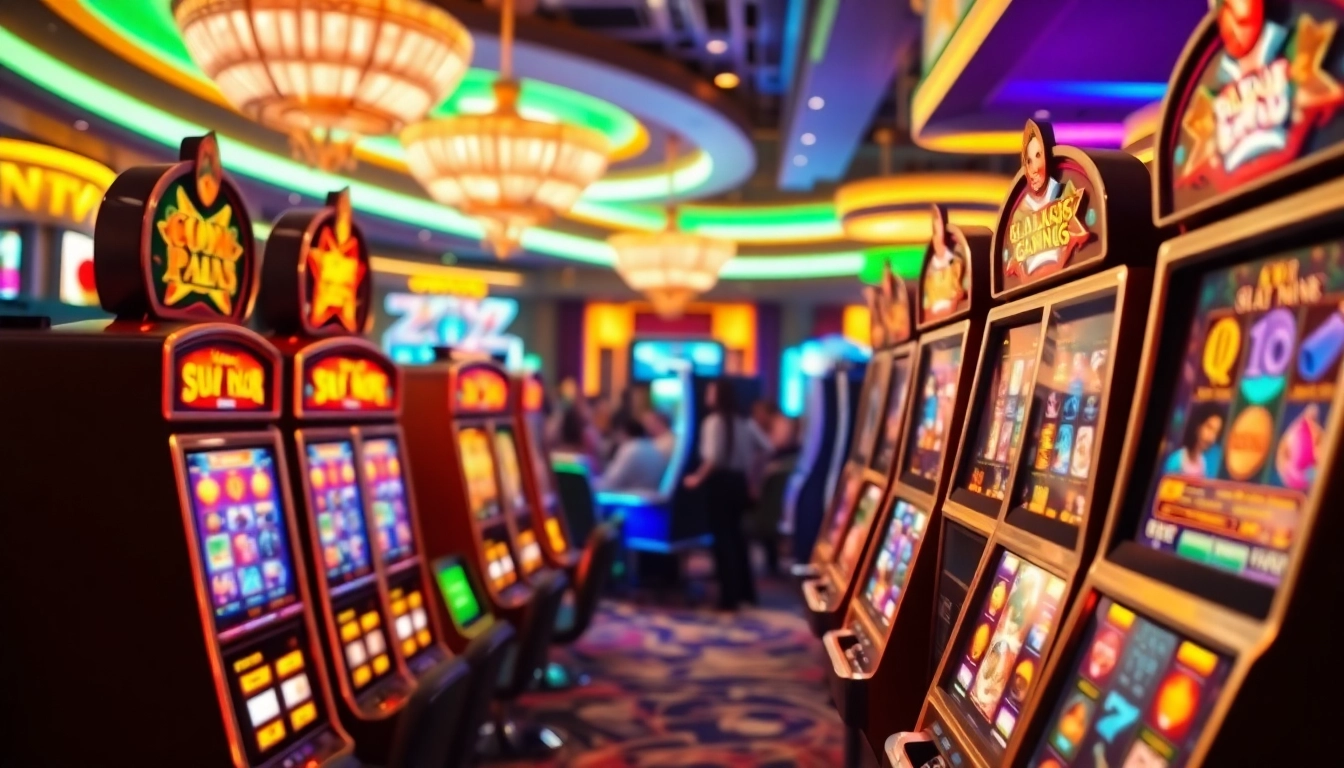 Slot gacor yang menarik dengan banyak mesin slot di kasino yang ramai dan cerah.
