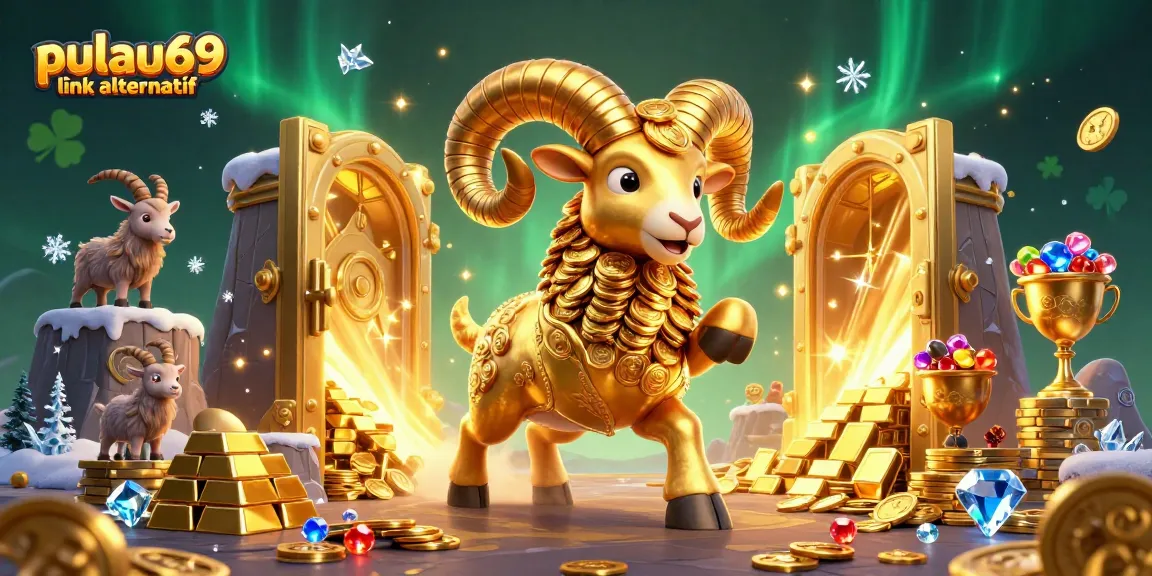 Engage with pulau69 link alternatif as a golden ram charges through a treasure-filled scene full of casino riches.