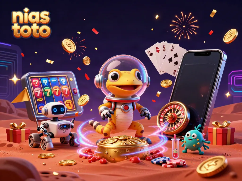 Taruhan di Nias Toto dengan gecko Mars di kasino emas terpendam, penuh elemen menarik dan visual yang menyenangkan.