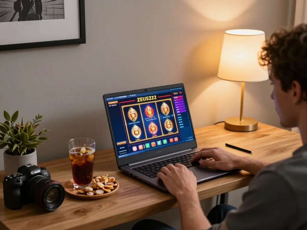 Play ZEUS222 on a laptop showcasing vibrant slot graphics in a cozy home setting.