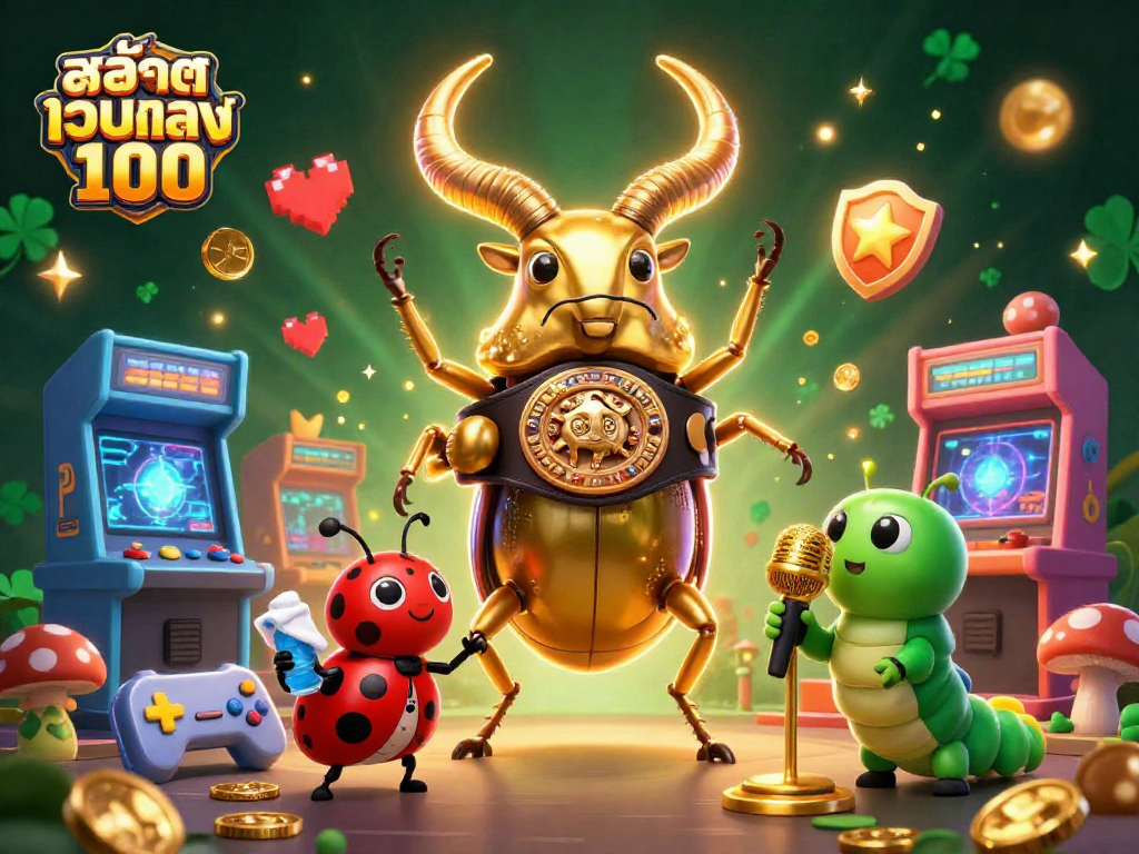 Experience สล็อตเว็บตรง100 with a 3D dynamic scene featuring a golden stag beetle boxing champion amid colorful arcade elements.
