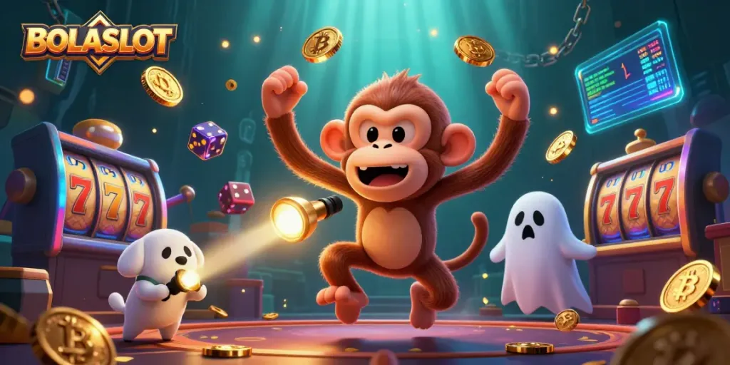 BOLASLOT showcases exciting online slot games featuring a mischievous monkey juggling coins in a haunted casino.