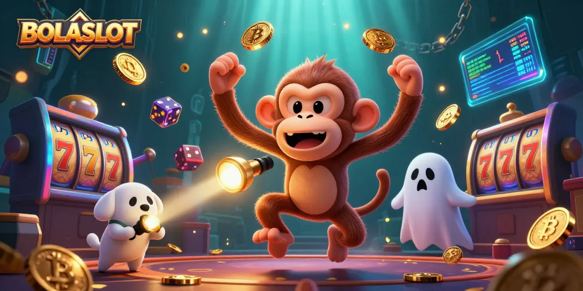 BOLASLOT showcases exciting online slot games featuring a mischievous monkey juggling coins in a haunted casino.