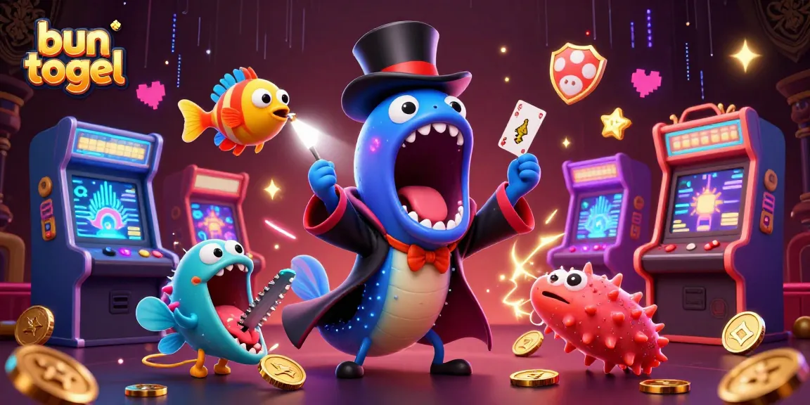Engage in bun togel excitement with 3D characters marveling at magic tricks amidst vibrant gaming elements.