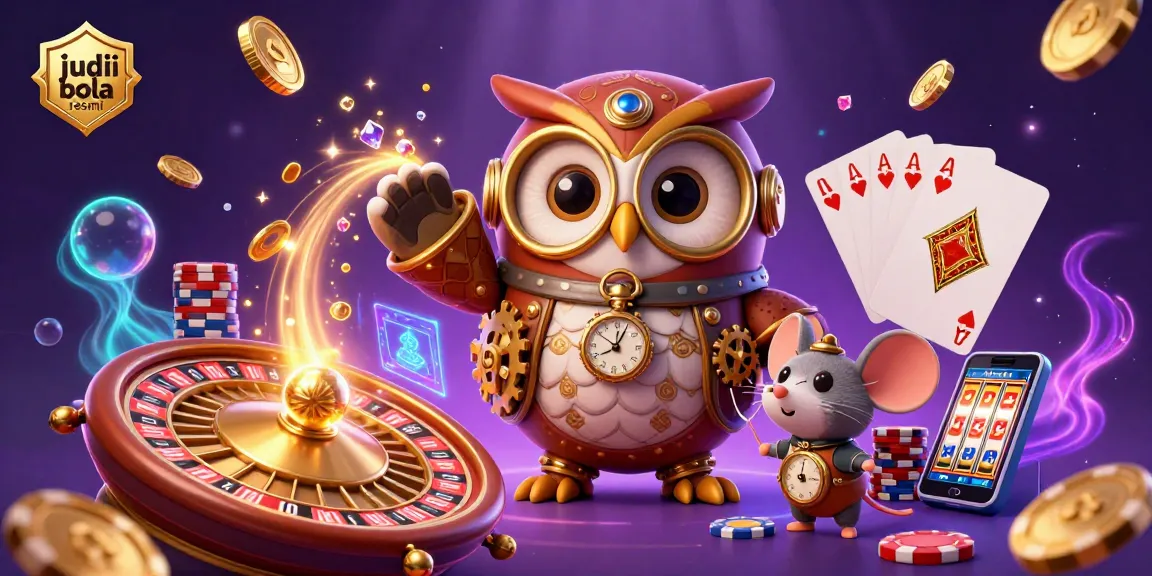 Experience judi bola resmi betting with this vibrant, 3D illustration featuring a time-traveler owl and casino elements.
