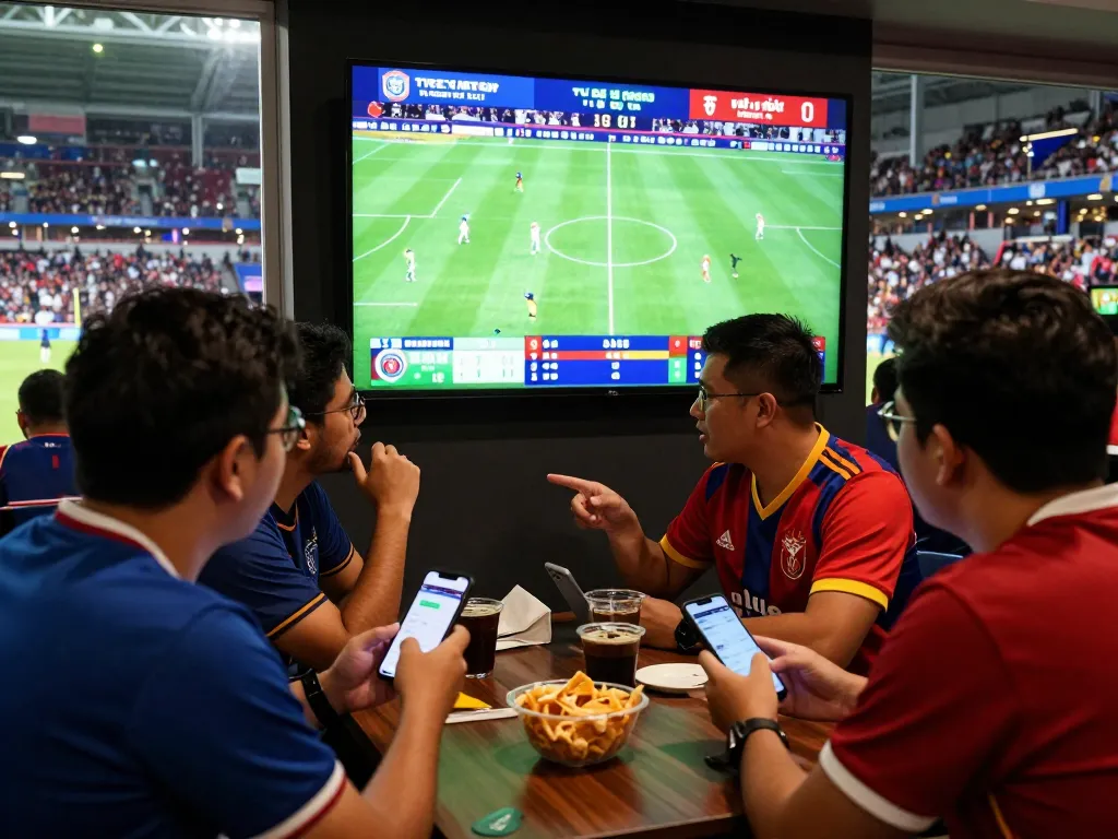 Tỷ lệ kèo displayed on big screen during a thrilling football match, fans engaged in live betting.