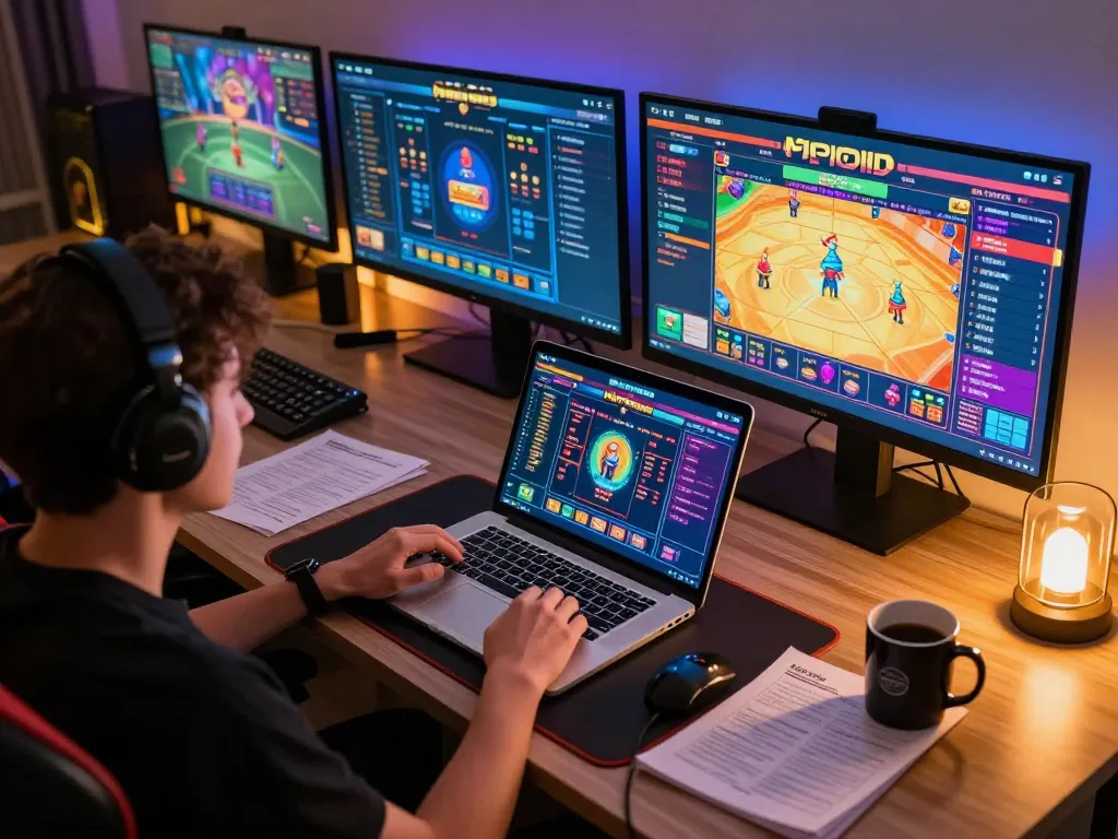 MPOID interactive online gameplay on laptop with colorful interface, person engaged in gaming strategy