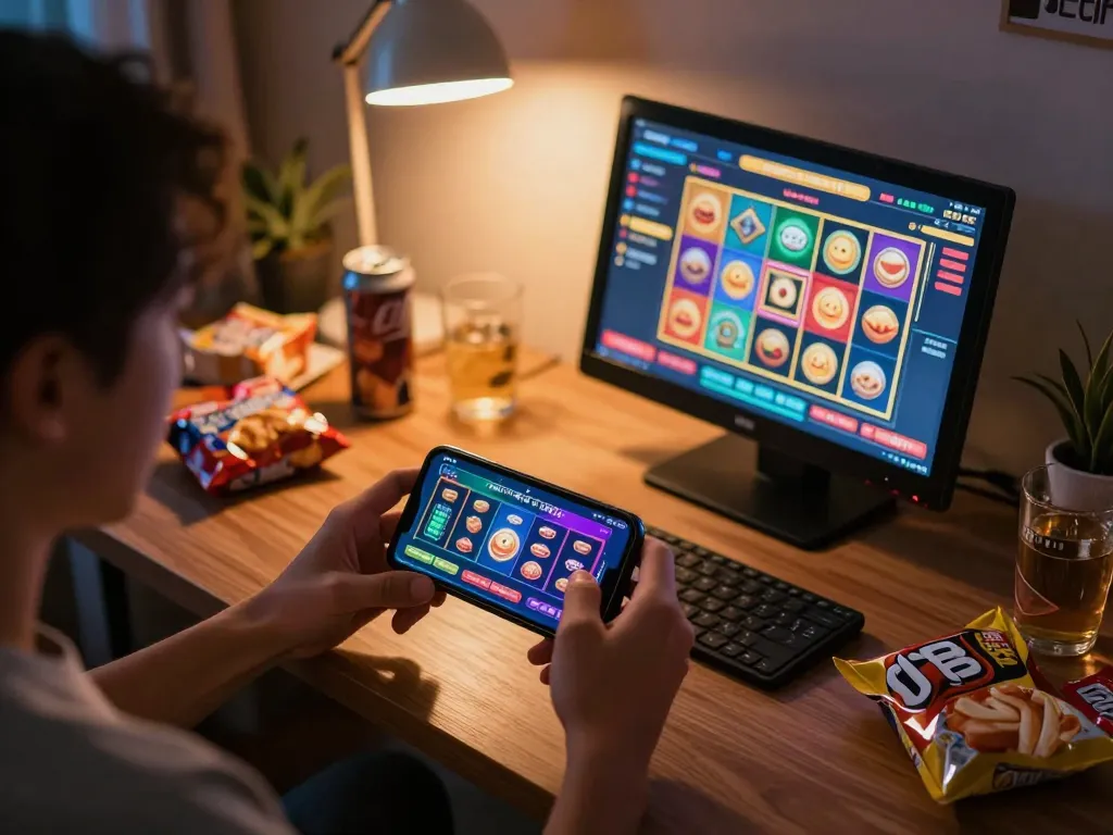 Player using mobile app for SC88e online games in a cozy home setting